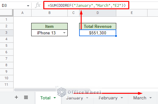 using the add-on function dddref to sum the same cells across multiple worksheets
