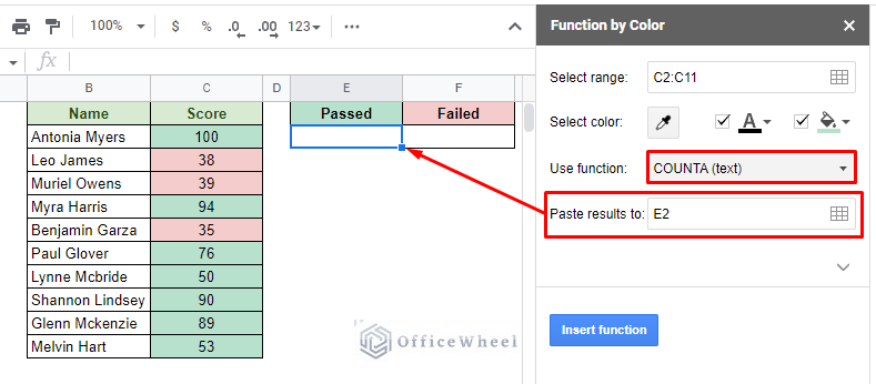 setting the function and result position to count cells with color in google sheets