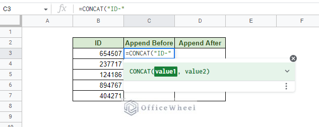 opening the concat function with the first value
