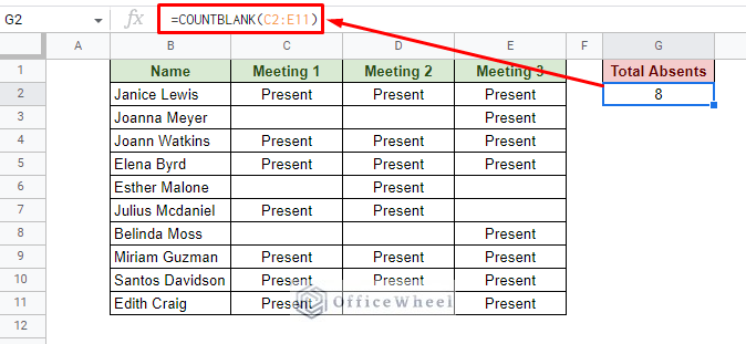 count blank cells in google sheets using the countblank function