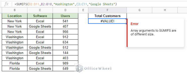 error with the sumifs function