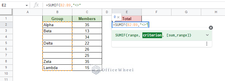 setting the non-blank criterion in the sumif function in google sheets