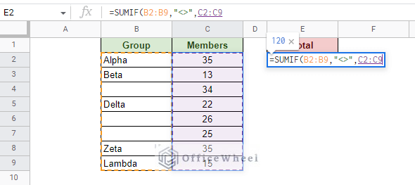 setting the sum range field of the sumif function