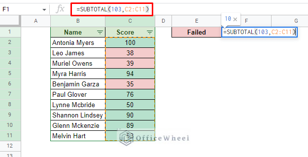 using subtotal to count cells in google sheets