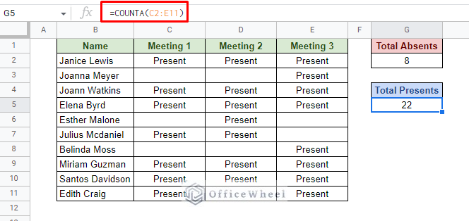 count all non-empty cells in google sheets using counta function