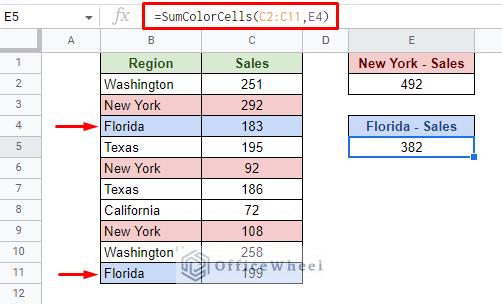 second example of sum colored cells in google sheets with apps script