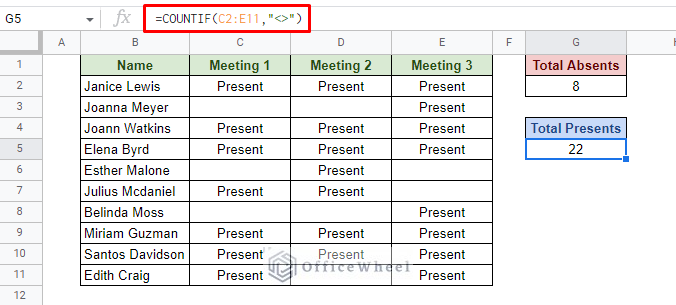 count all non-empty cells in google sheets using countif function