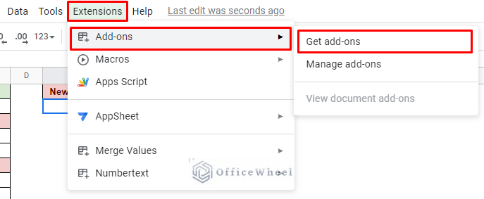 navigating to the get add-ons option from the extensions tab of google sheets