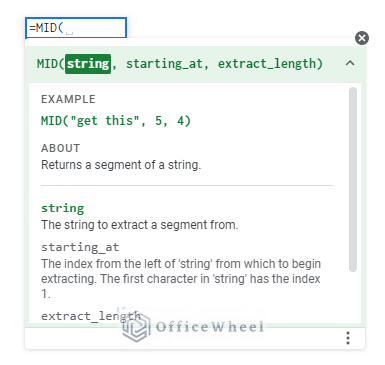 MID function syntax in google sheets