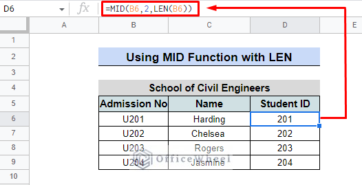 remove first character using MID and LEN function in google sheets