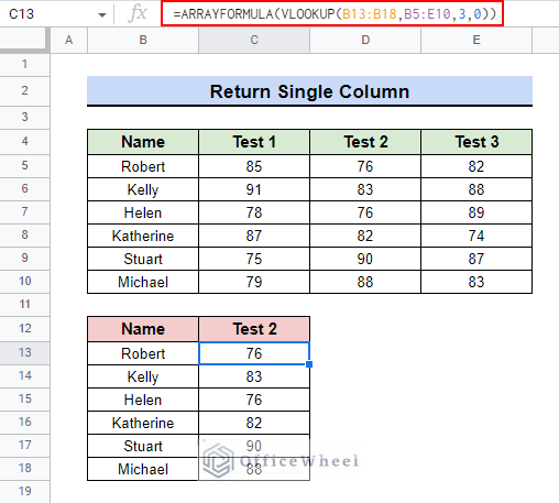 final result for ARRAYFORMULA with VLOOKUP in Google Sheets in a single column
