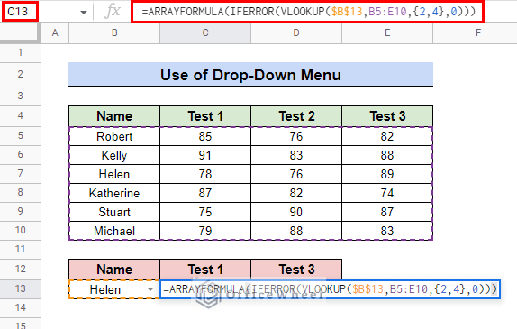 insert formula for data validation drop down list for ARRAYFORMULA with VLOOKUP