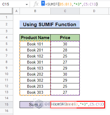 insert formula for using wildcards to sum with sumif function