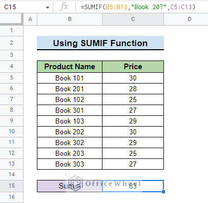 final result after using wildcards to sum with sumif function