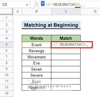 insert cell to match with regexmatgch