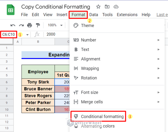 Expand the Conditional Formatting Rule to copy Conditional Formatting in Google Sheets
