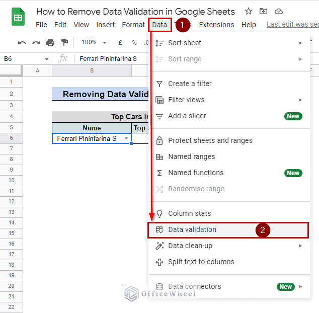 navigation of data validation from the toolbar