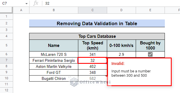 data validation error in google sheets