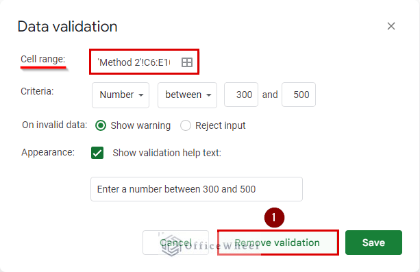 data validation window pop up in google sheets