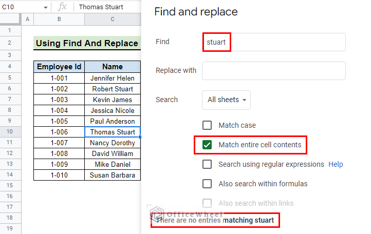 match entire cell content option