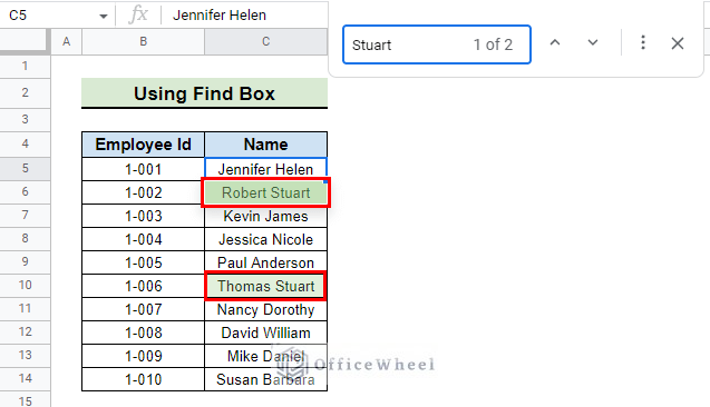 search results after searching with find tool for how to Search in All Sheets in Google Sheets