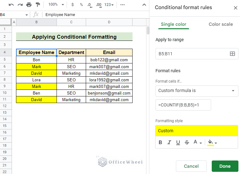 Duplicate indication in google sheets