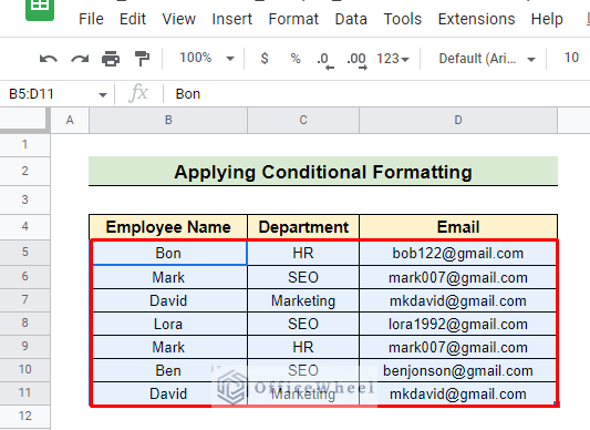 Conditional formatting for multiple rows and columns to search for duplicates from google sheets