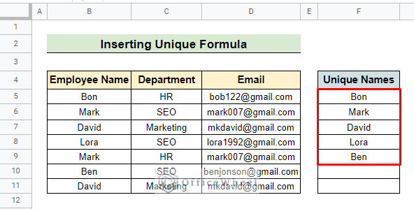 Outcome of applying unique function