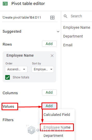 Insert the value for pivot table