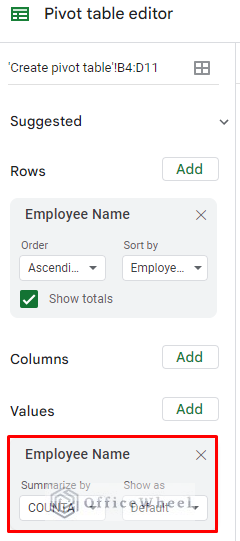 Insert the value for pivot table