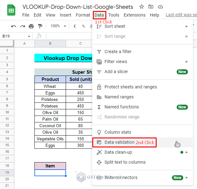 navigation of data validation in order to use vlookup drop down list in google sheet