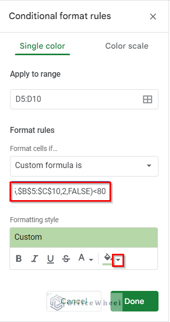 Applying VLOOKUP Formula for Conditional Formatting Less than Condition in Google Sheets