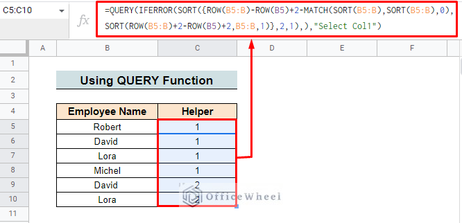insert query function to filter and remove duplicates from google sheets