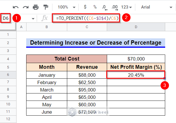 Use TO_PERCENT function for Determining Increase or Decrease of Percentage in Google Sheets