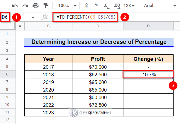 Use TO_PERCENT function for Determining Increase or Decrease of Percentage in Google Sheets