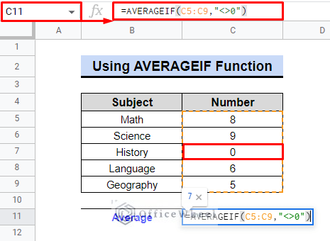 use of average function if the value is not zero