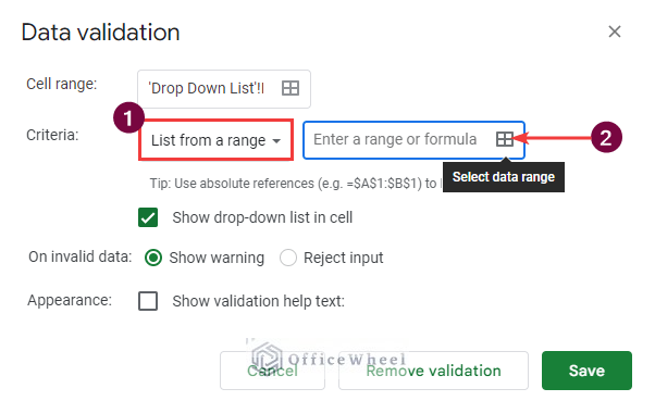 Select Criteria Range in Google Sheet for drop down list