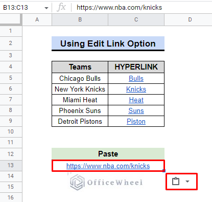 paste result from edit link