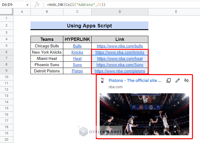 result derived from apps script in google sheets