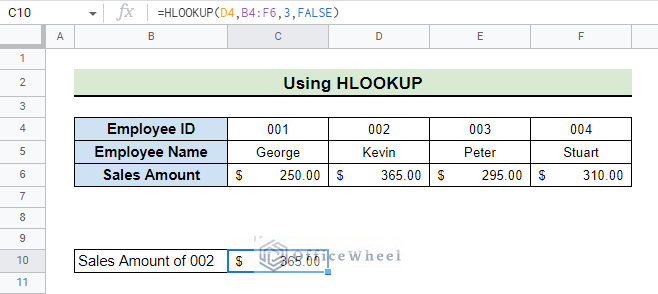 final result after applying hlookup in google sheets