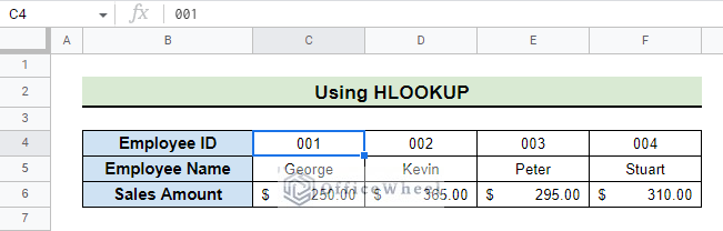 dataset for google sheets hlookup