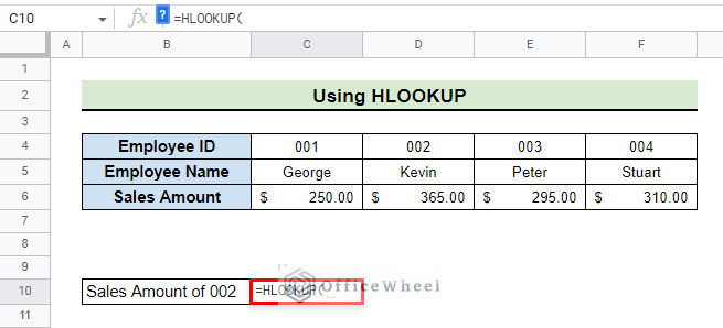 insert hlookup function