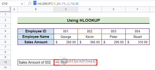 insert false as parameter to hlookup in google sheets