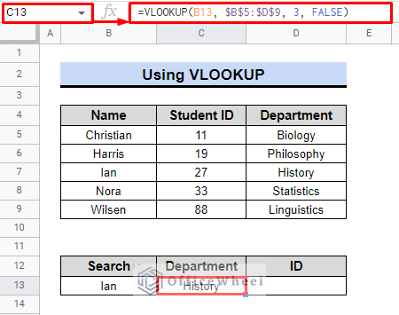 formulation of vlookup function