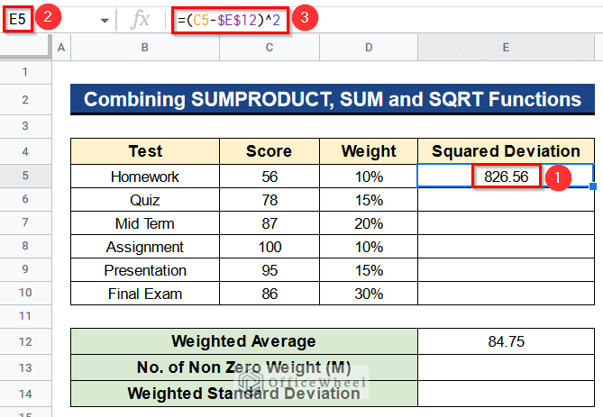 Combining SUMPRODUCT, SUM and SQRT Functions to Calculate Standard Deviation of Weighted Variables in Google Sheets