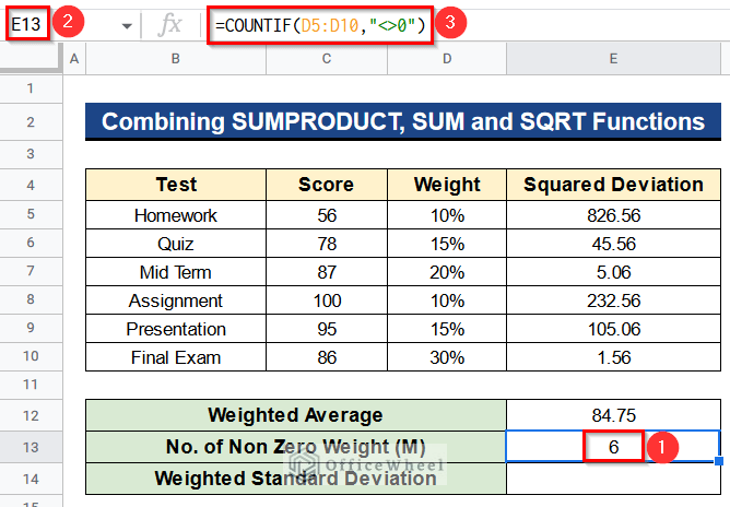 Combining SUMPRODUCT, SUM and SQRT Functions to Calculate Standard Deviation of Weighted Variables in Google Sheets