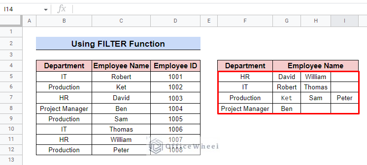 apply filter formula horizontally in google sheets