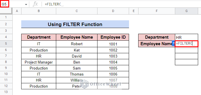 insert filter formula in google sheets