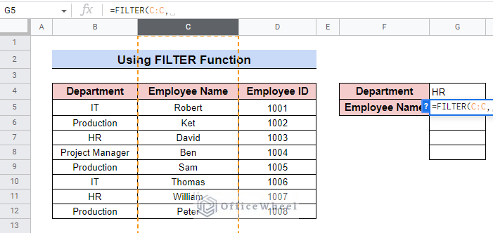 insert filter formula in google sheets
