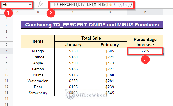 Combining TO_PERCENT, DIVIDE and MINUS Functions to calculate percentage increase in google sheets